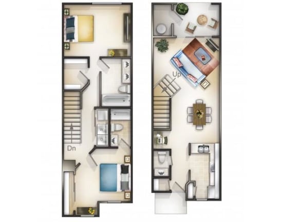 Floor Plan  Two Bedroom Two and Half Bathrooms Two Story Floor Plan Patio at Magnolia Place, Gainesville, FL
