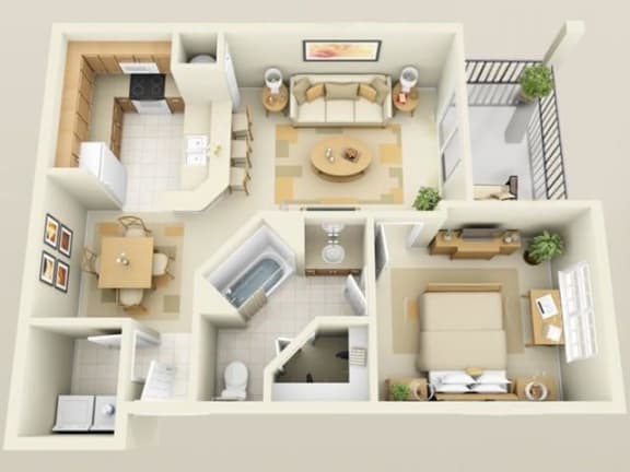 Floor Plan  One Bedroom One Bath with Balcony Floor Plan at Villa Valencia Apartments, Orlando Florida