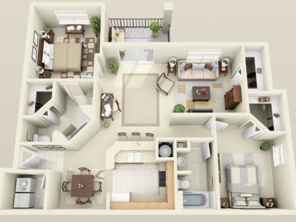 Floor Plan  Two Bedroom Two Bath with Den at Villa Valencia Apartments, Orlando