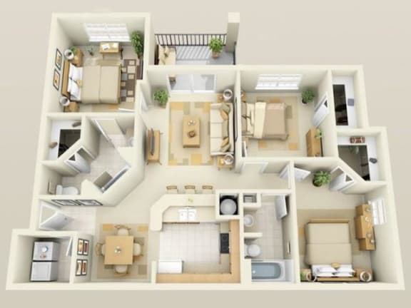Floor Plan  Three Bedroom Two Bath with Balcony Floor Plan at Villa Valencia Apartments, 32825