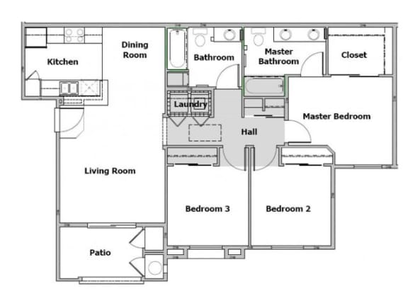 Floor Plan  3 bedroom floor plan, 1,131 square feet with a patio.