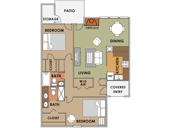 Two bedroom two bathroom floor plan image at Orange Tree Village Apartments in Tucson AZ