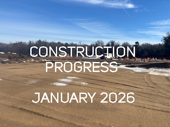A construction site with the text "CONSTRUCTION PROGRESS JANUARY 2026" overlaid on the image.