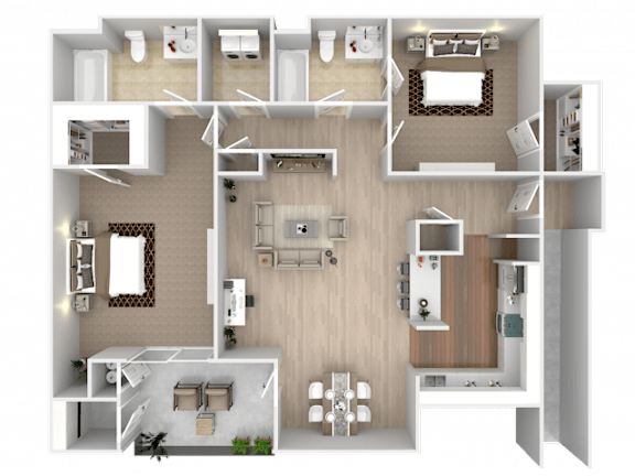 A 3D floor plan of a house with a kitchen, living room, and two bedrooms.