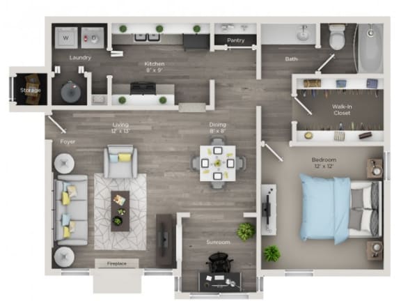 A floor plan of a house with a living room, dining room, kitchen, and bedrooms. at Edgemont Apartments, PRG Real Estate, Greenville, 29615