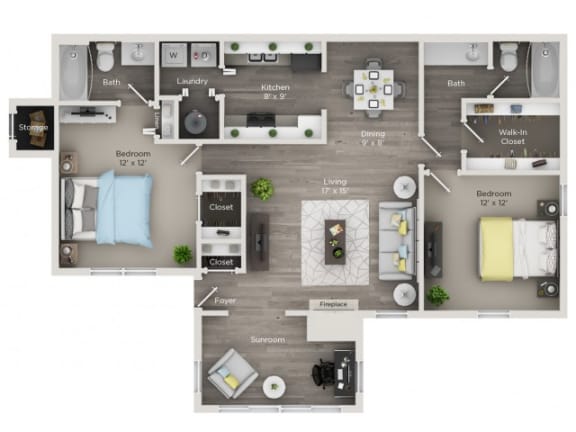 A floor plan of a two bedroom apartment with a living room, kitchen, and bathroom. at Edgemont Apartments, PRG Real Estate, Greenville, 29615