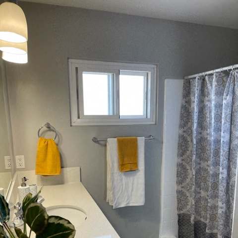 a small bathroom with a plant and a window