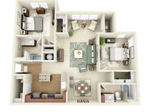 A top-down view of a model apartment with various furniture and decorations.
