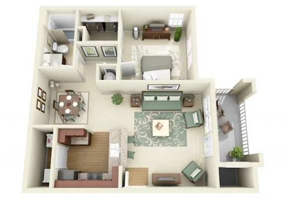 A 3D floor plan of a house with a living room, kitchen, dining room, and bedrooms.