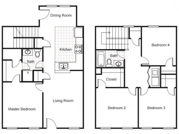 4 Bedroom 2 Bath Townhouse 2D Floorplan, Harmony Oaks Apartments, New Orleans, LA