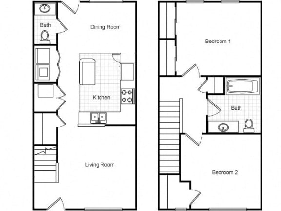 2 Bedroom 1.5 Bath Townhouse 2D Floorplan-Metropolitan Village and Cumberland Manor Apartments, Little Rock, AR
