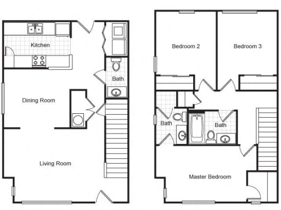 3 Bedroom 2 Bath Townhouse 2D Floorplan-Metropolitan Village and Cumberland Manor Apartments, Little Rock, AR