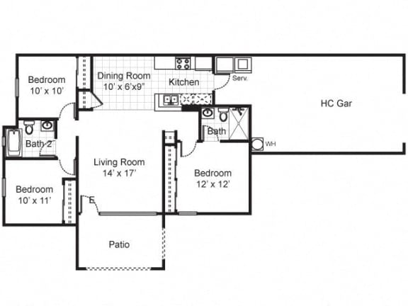 3 Bedroom 2 Bath 2D Floorplan-Pueblo Del Sol Apartments Los Angeles, CA