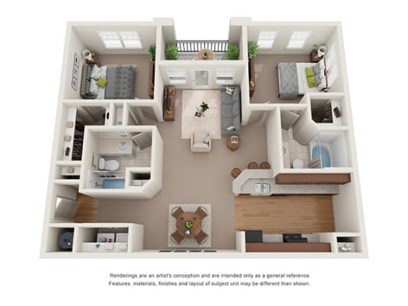 Floor Plan  3D rendering of two bedrrom with seperate dining room at Ashley Auburn Pointe in Atlanta, GA