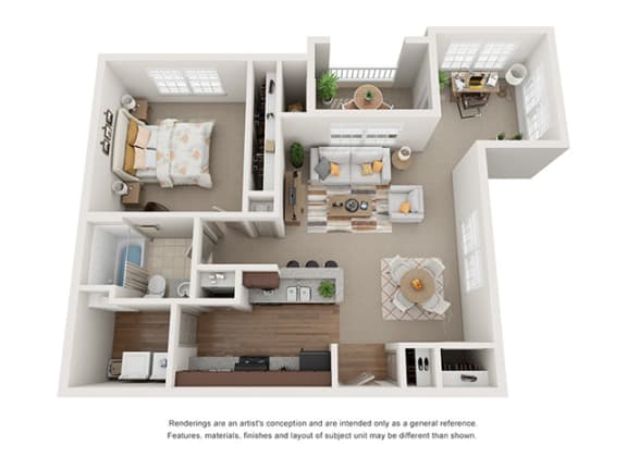 1x1 illustrative floor plan with den at Ashley Collegetown in Atlanta, Georgia