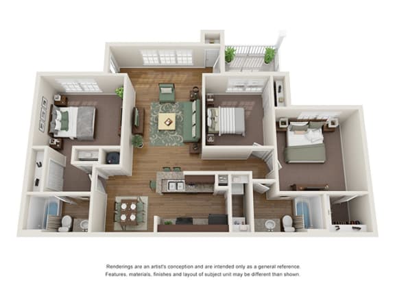 Three bedroom, two bathroom apartment at Ashley Cascade in Atlanta, Georgia