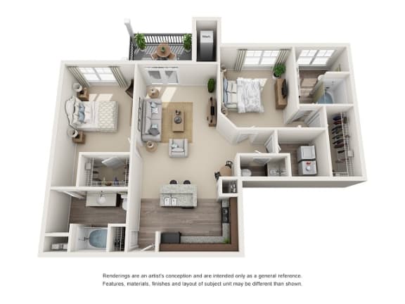 Raleigh 2 Bedroom 2.5 Bath Floor Plan at Abberly at Southpoint Apartment Homes by HHHunt, Virginia