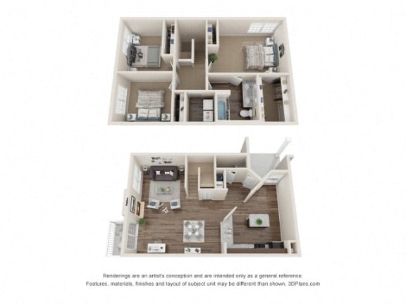 Floor Plan  Coleridge Town Home Three Bedroom Floor Plan at Fairlane Woods Apartments, Dearborn, MI, 48126