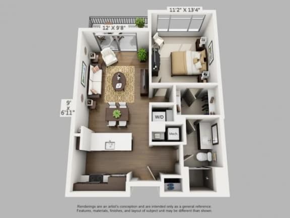 1 Bed 1 Bath Wayfare Floor Plan at ALARA Union Station Apartment Homes, CO, 80202