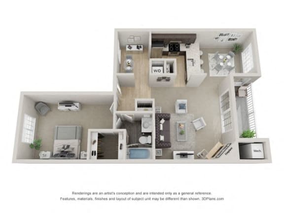 A2 3D Floor Plan at the Haven of Ann Arbor, MI, 48105