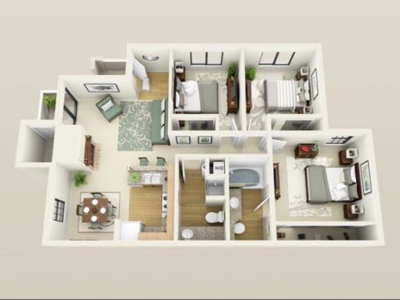 3 bedroom 2 bathroom Floor plan A at Pacific Harbors Sunrise Apartments, Nevada, 89142