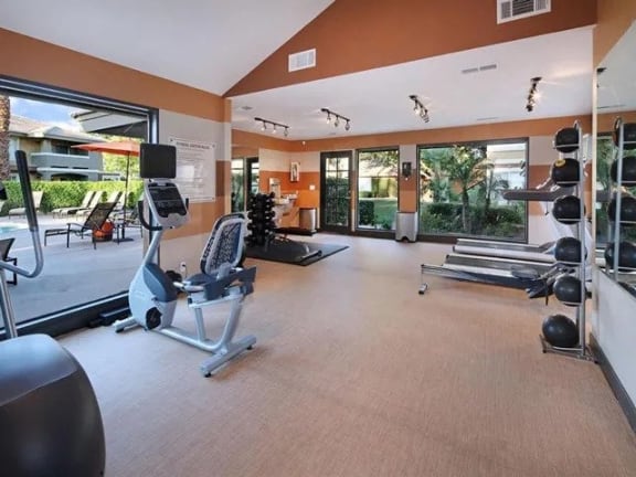 Cardio and weightlifting equipment at Mirabella Apartments, Bermuda Dunes, California