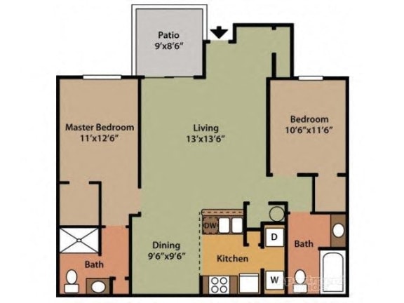 Two Bedroom Two Bathroom Floor Plan Oak