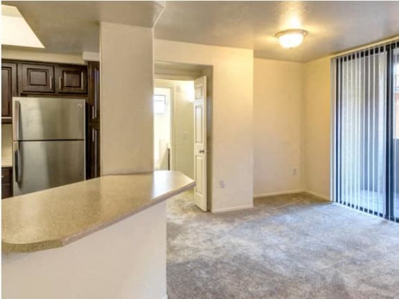 Ingleside Apartments kitchen and living room with sliding glass door to outside