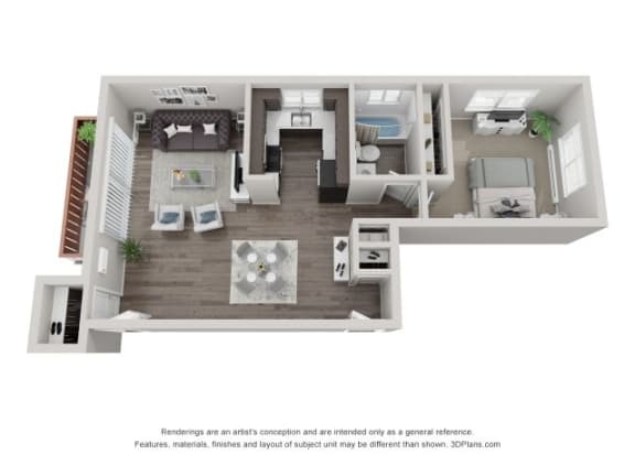 Floor Plan  3D One-Bedroom Apartment Floor Plan at Westmont Village, Westmont, Illinois