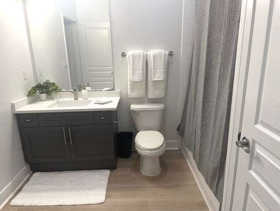 A bathroom with a toilet, sink, and shower curtain.