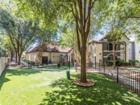 Fenced in dog park with lush landscape and shade trees located inside a courtyard