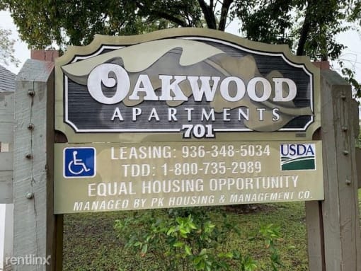 Oakwood Apartments sign, Madisonville, TX