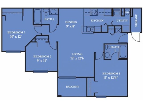Floor Plan  Three Bedroom  Two Bath with Balcony Orlando Florida