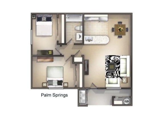 Floor Plan  Two Bedroom One Bath Floor Plan at Playa Vista, Apartments, Las Vegas
