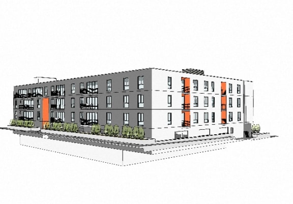an illustration of a building with orange doors