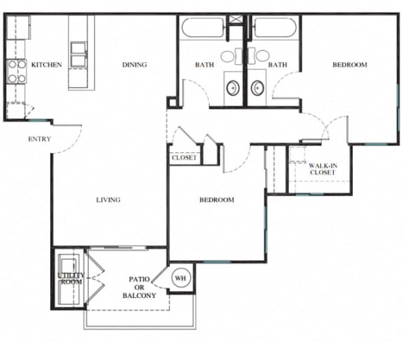 Two Bed Two Bath Floor Plan at Siena Apartments, California, 93458