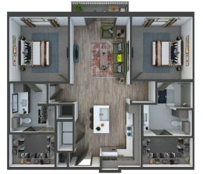 Houston 2 bedroom, 2 bath. L-shaped kitchen with island and pantry. Standalone shower in 2nd bedroom. Washer/dryer. coat closet at entry. Patio/Balcony