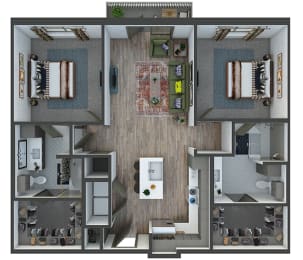 Houston 2 bedroom, 2 bath. L-shaped kitchen with island and pantry. Standalone shower in 2nd bedroom. Washer/dryer. coat closet at entry. Patio/Balcony