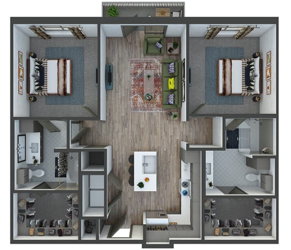 Houston 2 bedroom, 2 bath. L-shaped kitchen with island and pantry. Standalone shower in 2nd bedroom. Washer/dryer. coat closet at entry. Patio/Balcony