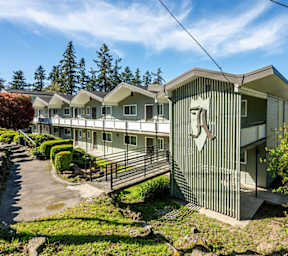 A row of houses with a green striped building in the foreground.