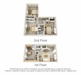 3d redwood 3 bedroom townhome. kitchen-dining-living-full bath on first floor. bedrooms and 1 full bath on second floor. in-unit laundry