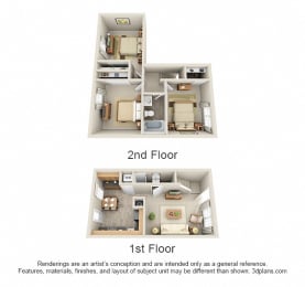 3d redwood 3 bedroom townhome. kitchen-dining-living-full bath on first floor. bedrooms and 1 full bath on second floor. in-unit laundry