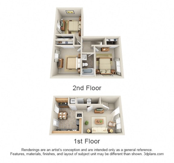 3d redwood 3 bedroom townhome. kitchen-dining-living-full bath on first floor. bedrooms and 1 full bath on second floor. in-unit laundry