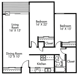 Floor Plan 2 Bed 1 Bath C