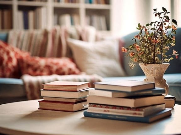 a stack of books on a coffee table in a living room