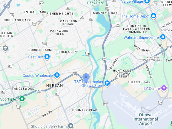 A map of a city with a blue dot indicating a location.
