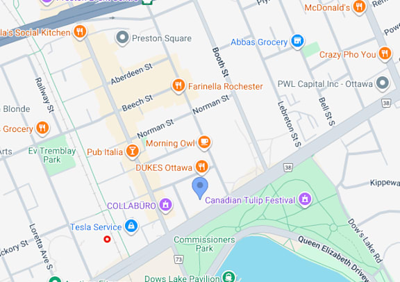 A map shows a section of a city with streets, parks, and landmarks.