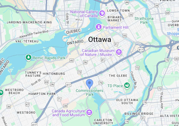 A map of Ottawa with various landmarks and streets labeled.