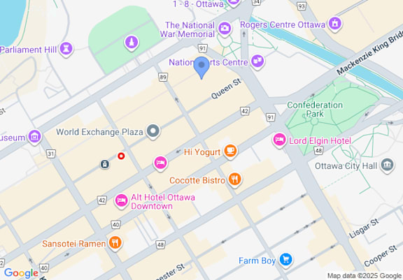 A map of a city with various landmarks and streets labeled.