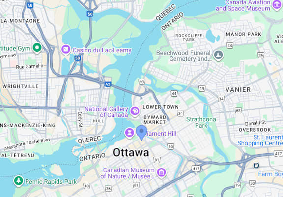 A map of Ottawa with various landmarks and points of interest labeled.